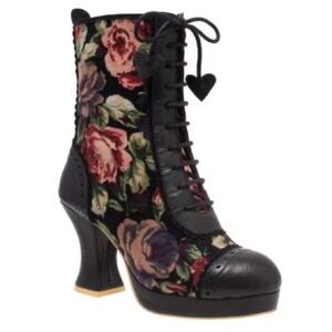 Irregular Choice Victorian style floral rose tapestry lace up bootie heels